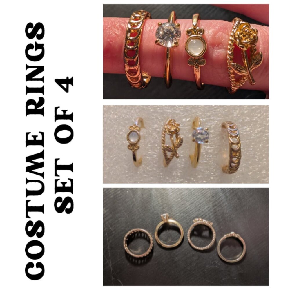Gold Stackable Ring Set Moon Phase Rose Solitaire Opal Style 4pc